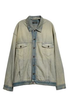 Balenciaga puts its signature avant-garde spin on the streetwear-staple trucker jacket in this oversized version cut from washed denim for an inside-out effect. 30 1/2" length (size 2) Front button closure Spread collar Button cuffs Chest button-flap patch pockets; side-seam pockets 65% polyester, 35% cotton Machine wash, line dry Made in Italy Designer Clothing Oversized Acid Wash Denim Jacket For Fall, Oversized Distressed Cotton Denim Jacket, Distressed Relaxed Fit Outerwear For Streetwear, Acid Wash Relaxed Fit Denim Jacket, Oversized Light Wash Outerwear For Streetwear, Grunge Relaxed Fit Denim Jacket For Streetwear, Oversized Faded Washed Outerwear, Oversized Light Wash Urban Outerwear, Urban Oversized Light Wash Outerwear