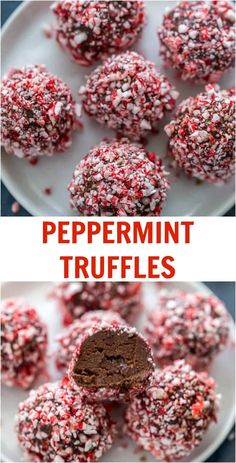 chocolate peppermint truffles on a white plate with red sprinkles