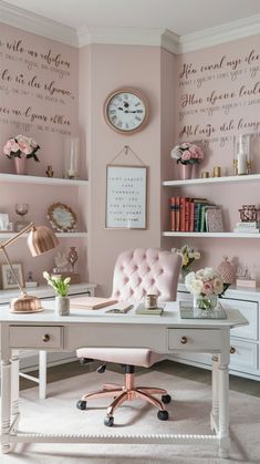 a white desk topped with a pink chair next to a shelf filled with books and flowers