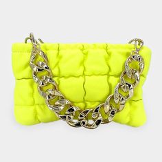 Faux Leather Padded Puffer Shoulder/Crossbody Bag With Chain Strap Neon Bag, Bling Necklace, Bag With Chain, Loop Earrings, Neon Yellow, Chain Strap, Amazing Jewelry, Beautiful Necklaces, Clip On Earrings