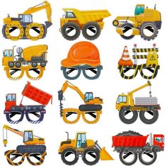 various construction vehicles are shown on a white background, including trucks and tractors as well as safety goggles