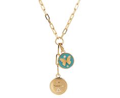 Solid and substantial, this Foundrae necklace will become your everyday talisman. Hanging from the 18K yellow gold refined clip extension at the base of the 18K yellow gold classic fob clip chain is a round, 18K yellow gold and diamond medallion. A turquoise ceramic butterfly pendant connects to the belcher chain with a removable 18K yellow gold push gate annex link. With its bold, emblematic presence, it's a perfect necklace to wear every single day. The star represents energy and divine guidan Luxury Butterfly Charm Pendant Jewelry, Luxury Jewelry With Butterfly Charm Pendant, Luxury Jewelry Pendant With Butterfly Charm, Luxury Pendant Jewelry With Butterfly Charm, Luxury Medallion Jewelry With Logo Charm, Yellow Gold Medallion Jewelry With Logo Charm, Luxury Yellow Gold Charm Necklaces With Detachable Pendant, Luxury Yellow Gold Butterfly Charm Jewelry, Luxury Yellow Gold Jewelry With Butterfly Charm