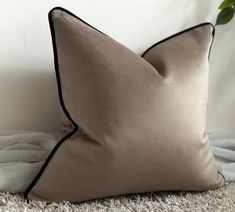 a brown pillow sitting on top of a white rug next to a plant in a vase