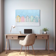 a desk with a laptop on it in front of a painting