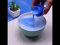 a person pouring blue liquid into a white bowl with a plant in the back ground