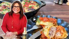 a woman sitting at a table with some food on it and an image of her eating lasagna