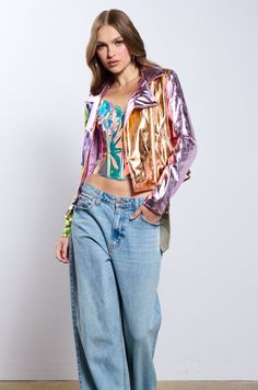 METALLIC PASTEL MOTO JACKET – AKIRA Edgy Biker Jacket For Spring Party, Edgy Spring Party Biker Jacket, Spring Party Edgy Biker Jacket, Edgy Fitted Multicolor Outerwear, Trendy Fitted Color Block Outerwear, Trendy Iridescent Outerwear For Fall, Pink Winter Biker Jacket For Party, Fitted Iridescent Outerwear For Fall, Pink Winter Party Biker Jacket