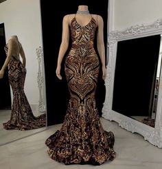 Gold Backless Evening Dress For Wedding, Elegant Gold Halter Neck Evening Dress, Gold Fitted Evening Dress For Prom, Fitted Gold Evening Dress For Prom Season, Fitted Gold Evening Dress For Night Out, Formal Gold Halter Neck Dress, Gold Backless Evening Dress For Prom, Gold Backless Party Gown, Gold Fitted Dress For Prom