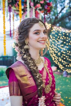 Discover the beauty of Indian wedding hairstyles with this stunning braided updo adorned with intricate jasmine flowers. Perfect for blending tradition with modern flair, this hairstyle frames the face beautifully and complements any bridal jewelry. Let your hair tell the story of elegance and romance on your special day. Elevate your bridal look with this enchanting style that captures the essence of Indian heritage. #weddinghairstyles Side Braid Hairstyles Indian Wedding, South Hairstyles Indian Weddings, Wedding Lehenga Hairstyles, Wedding Function Hairstyles Indian, Traditional Bride Hairstyle, Bridal Hairstyle Indian Wedding Braids, Indian Hair Wedding, Wedding Braid Indian, Braided Hairstyles For Bride Indian