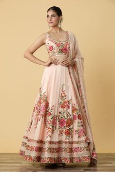 Pink can can attached lehenga with thread embroidered floral bouquet motifs embellished by sequins and beads. Comes with matching padded blouse and dupatta. - Aza Fashions Wedding Anarkali Set With Floral Embroidery In Tissue Silk, Wedding Anarkali Set With Floral Embroidery, Designer Tissue Silk Lehenga With Floral Embroidery, Anarkali Lehenga With Floral Embroidery In Tissue Silk, Tissue Silk Lehenga With Floral Embroidery For Reception, Floral Embroidered Tissue Silk Lehenga For Reception, Wedding Lehenga With Floral Embroidery In Tissue Silk, Wedding Sharara With Floral Embroidery In Tissue Silk, Raw Silk Anarkali Set With Floral Embroidery For Wedding