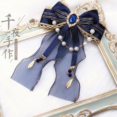 Elegant bowknot hairclip decorated with chain and gems. Attention: This price includes a hairclip only, others are not included. Navy And Gold Hair Bow, Kalung Choker, Anting Manik, V Model, Magical Jewelry, Kawaii Accessories, Fancy Jewellery, Fantasy Jewelry, Kawaii Clothes