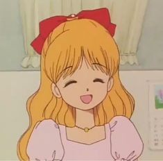 a cartoon girl with blonde hair and a red bow on her head standing in front of a microwave