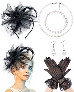 PRICES MAY VARY. 【Tea Party Accessories Set】You will receive 1 pieces of mesh feathered black horse racing fascinators hat, 1 pairs of short lace gloves, 1 pairs of faux pearl drop earing, 1 pieces faux pearl bracelet and 1 pieces faux pearl necklaces. The practical and exquisite combination is suitable for most women girls, can meet your daily and party wear needs; You can also share them with your family 【Elegant Fascinator Hat】The pillbox black fascinator for women featuring a dotted mesh at Black Gatsby Style Party Fascinator, Gatsby Style Black Fascinator For Parties, Black Gatsby Style Fascinator For Party, Vintage Black Fascinator For Party, Black Gatsby Fascinator For Parties, Elegant Halloween Fascinator, Black Gatsby Party Costume Hats And Headpieces, Vintage Black Headpieces For Parties, Black Gatsby Party Hat