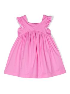 pink stretch-cotton ruffled detailing pleated skirt sleeveless square neck front button fastening curved hem Girls Casual Dresses, Vestido Casual, Dress Pink, Cotton Dress, Cotton Dresses, Stretch Cotton, Square Neck, Pleated Skirt, Pink Dress