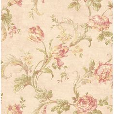 an old wallpaper with flowers and leaves on the side, in pinks and greens