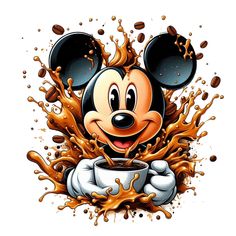 a cartoon mickey mouse with coffee splashing out of it's face and holding a cup