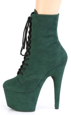 7" (178mm) heel, 2 3/4" (70mm) platform lace-up front ankle boot featuring fully wrapped platform bottom, inside zip closure. HEEL/PLATFORM : 7" Heel, 2 3/4" PFFIT GUIDE : True to sizeVEGAN : YesSIZE: US women's sizing Pleaser Shoes, Green Suede, Suede Ankle Boots, Womens Heels, Emerald Green, Wedge Boot, Faux Suede, Open Toe, Fashion Shoes