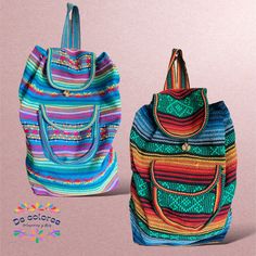 two bags with different patterns on them, one is blue and the other is multicolored