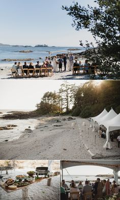 the wedding party is set up on the beach for guests to eat and drink at