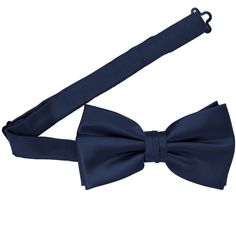 Our premium navy blue bow ties are pre-tied with a band collar style that expands to fit most adult neck sizes. Its heavyweight woven material and smooth satin finish provide a sharp look that is suited for your most formal occasions. When compared to our standard bow ties, this bow is slightly larger. We recommend this shade for a dark blue. It's a classic navy blue. See it in person by requesting a free color swatch. Product Features Pre-tied band collar bow tie Men's size Bow measures approxi Classic Blue Bow Tie, Classic Blue Bow Tie And Suit Accessories, Classic Blue Suit And Bow Tie Accessories, Classic Blue Satin Bow Tie, Blue Satin Bow Tie, Classic Adjustable Solid Color Bow, Classic Adjustable Solid Bow, Classic Blue Bow For Black Tie Events, Pre-tied Solid Color Satin Bow Tie