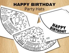 two happy birthday party hats with the words happy birthday on them