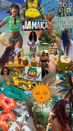 the collage is made up of different pictures and people in bathing suits, bikinis,