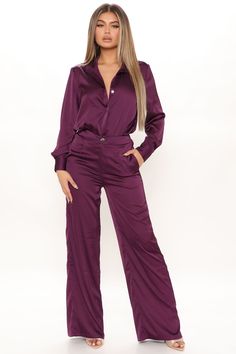 Available In Emerald And Plum. Satin Pant Set Long Sleeve Bodysuit Collar Button Down Snap Button Closure Thong Bottom Wide Leg Pant Elastic Waistband Zipper Inseam 32.5" Final Sale 96% Polyester, 4% Spandex Imported | Office Favorite Satin Pant Set in Plum size Large by Fashion Nova Solid Bottoms With Button Closure For Night Out, Chic Button-up Solid Pants, Night Out Bottoms With Button Closure, Formal Button-up Bottoms, Satin Pants Outfit, Taupe Fashion, Satin Pants, Loungewear Women, Review Fashion