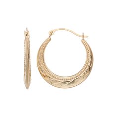 Adorned with diamond-cut and milgrain details, these 14k gold hoop earrings are the epitome of classic style. Click on this JEWELRY & WATCHES GUIDE to learn about fit, styles, materials and more!EARRING DETAILS Diameter: .83 in. Backings: click-it Metal: 14k gold Size: One Size. Gender: female. Age Group: adult. 14k Gold Hoop Earrings, Fancy Jewelry, Gold Hoops, Gold Texture, Gold Hoop, Gold Hoop Earrings, Earrings Jewelry, Access Denied, Diamond Cuts