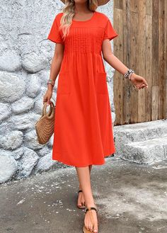 Red Non-stretch Casual Dress, Casual Red Non-stretch Dress, Red Vacation Dress With Pockets, Red Vacation Dresses With Pockets, Red Non-stretch Short Sleeve Midi Dress, Red Short Sleeve Midi Dress, Casual Pleated Orange Dress, Short Sleeve Red Midi Dress, Casual Orange Pleated Dress