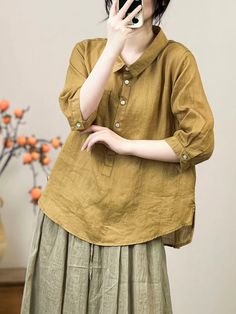 Details: Fabric: 100%Linen Size: One Size Size: Length: 60.00 cm/ 23.62 " Bust: 114.00 cm/ 44.88 " Shoulder: 41.00 cm/ 16.14 " Spring Blouse With Casual Collar In Solid Color, Yellow Cotton Top With Casual Collar, Casual Yellow Tops With Half Sleeve, Casual Yellow Half Sleeve Top, Relaxed Fit Half Sleeve Tops For Fall, Summer Tops With Pockets And 3/4 Sleeves, Casual Half Sleeve Fall Shirt, Casual Half Sleeve Shirt For Fall, Relaxed Fit Tops With Pockets And 3/4 Sleeves