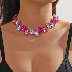 Pink Jeweled Rhinestone Necklace For Party, Glamorous Pink Rhinestone Necklace For Party, Pink Crystal Embellished Jewelry For Party, Pink Crystal-embellished Jewelry For Party, Pink Rhinestone Party Necklace, Pink Rhinestone Necklace With Bling For Gift, Pink Rhinestone Bling Necklace For Gift, Trendy Jewelry With Sparkling Stones, Pink Rhinestone Bling Necklace Gift