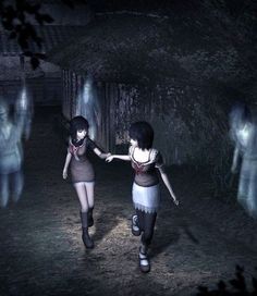 two girls walking in the dark holding hands