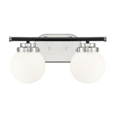 two light bathroom fixture with chrome finish and white glass globes on the top half