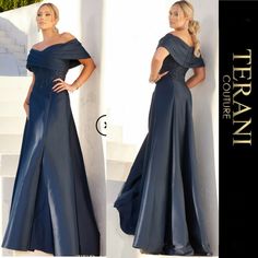 Nwt Terani Couture - Off Shoulder Pleated Neckline Embroidery Ballgown Dress Style Number: 232m1511 Color: Navy Blue Size: 24 Elegant Mother Of Bride Or Mother Of Groom Gown Embrace Opulence With This Off Shoulder Pleated Neckline Embroidery Ballgown Dress. The Off-Shoulder Neckline Showcases Your Dcolletage, While The Pleated Neckline Adds A Touch Of Elegance. The Embroidered Details Create A Captivating And Luxurious Look. Perfect For Formal Events And Black-Tie Occasions, This Dress Will Make Elegant Embroidered Evening Gown, Elegant Embroidered Evening Dress For Formal Occasions, Elegant Embroidered Gown For Mother Of The Bride, Formal Embroidered Evening Dress With Fitted Bodice, Mother Of The Bride Dresses Navy, Elegant Blue Embroidered Gown, Navy Blue Mother Of The Bride Dress, Blue Mother Of The Bride Dress, Ballgown Dress