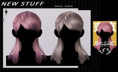 three different views of the same woman's head with long pink hair and bangs