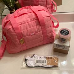 New With Tags Quilted Pink Duffle Bag , 2 Pair 1 White And 1 Black And Coco Body Butter 6.7 Oz With Box Quilted Duffle Bag, Pink Beach Bag, Pink Duffle Bag, Cooler Tote Bag, Victoria Secret Tote Bags, Retro Bags, Bags Pink, Pink Crossbody Bag, Victoria Secret Pink Bags