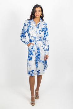 naples shirt dress botanical blue by cari capri Silk Shirt Dress For Spring, Elegant White Floral Print Shirt Dress, Elegant Blue Shirt Dress For Brunch, Blue Knee-length Shirt Dress For Brunch, Elegant Blue Knee-length Shirt Dress, Blue Elegant Casual Shirt Dress, Draped Fabric, Elevate Your Style, Stunning Dresses