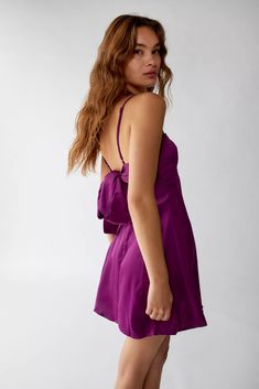 UO Bella Bow-Back Satin Mini Dress | Urban Outfitters Plum Mini Dress, Dark Purple Hoco Dress, Dark Purple Homecoming Dress, Dark Purple Mini Dress, Purple Hoco Dress, Grad Fits, Purple Hoco Dresses, Purple Dress Short, Satin Hoco Dress