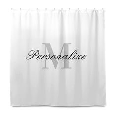 a shower curtain with the word personalize in black and white letters on it,