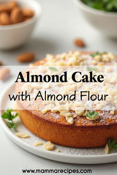 almond cake with almonds on top and the words almond cake with almond flour above it