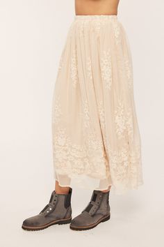 church dress Beige Lace Long Skirt, Beige Flowy Lace Skirt, Spring Embroidered Beige Skirt, Spring Embroidered Long Skirt, Beige Maxi Length Spring Bottoms, Beige Maxi Length Bottoms For Spring, Spring Embroidered Ankle-length Bottoms, Embroidered Flared Skirt For Summer, Spring Floral Embroidered Long Skirt