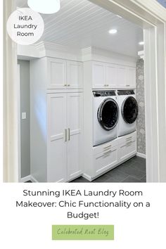 a white laundry room with two washers and dryer on the wall next to each other