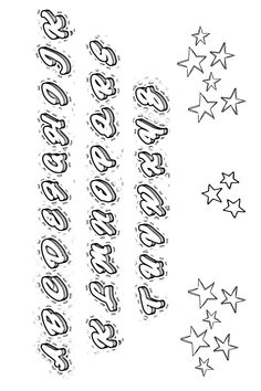 the word happy birthday written in black and white ink with stars around it on a white background