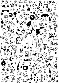 a large collection of black and white doodled images with different shapes, sizes and colors