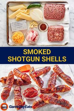 an image of smoked shotgun shells with meats and cheese on the side, along with text that reads smoked shotgun shells