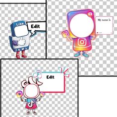 three different cartoon character frames with text and an image on one side, the other is empty