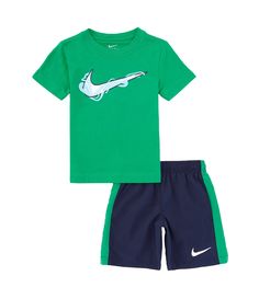 From Nike, this set features:Top:2-pieceCrew neck Short sleevesGraphic logo on the frontStraight hemPullover constructionBottom:Cotton knit shortElastic waistband Logo on the left legPull-on constructionBoth made of cotton/polyesterMachine wash/tumble dryImported. Green Sportswear T-shirt For Summer, Summer Cotton Activewear With Short Sleeves, Nike Casual Cotton Sets, Sports Sets With Graphic Print And Short Sleeves, Casual Nike Cotton Sets, Cotton Sport Sets With Graphic Print, Summer Sports Set With Graphic Print, Short Sleeve Cotton Sports Set, Cotton Sports Sets With Short Sleeves