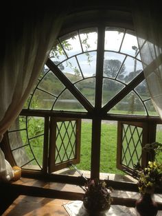 an open window with curtains on the outside and grass in the back ground behind it