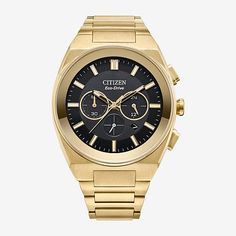 The Citizen Axiom SC features a sophisticated blend of sports watch aesthetics with refined styling for the ultimate workday to weekend watch to wear. The timepiece features a gold-tone stainless steel case with an integrated stainless steel bracelet, epitomizing the contemporary sports watch design. The black dial has a streamlined look with two sub-dials at 3 and 9 o'clock, outlined with silver-tone details to match the silver-tone indices and hands. Capabilities of the watch include a 1/5 sec Modern Chronograph Watches With Round Dial, Gold Stainless Steel Chronograph Watch With Analog Display, Modern Gold Chronograph Analog Watch, Modern Gold Analog Chronograph Watch, Mens Chronograph, Eco Drive, 60 Minutes, Sports Watch, O Clock