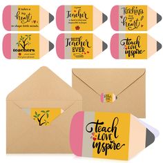 a set of teacher appreciation cards and envelopes